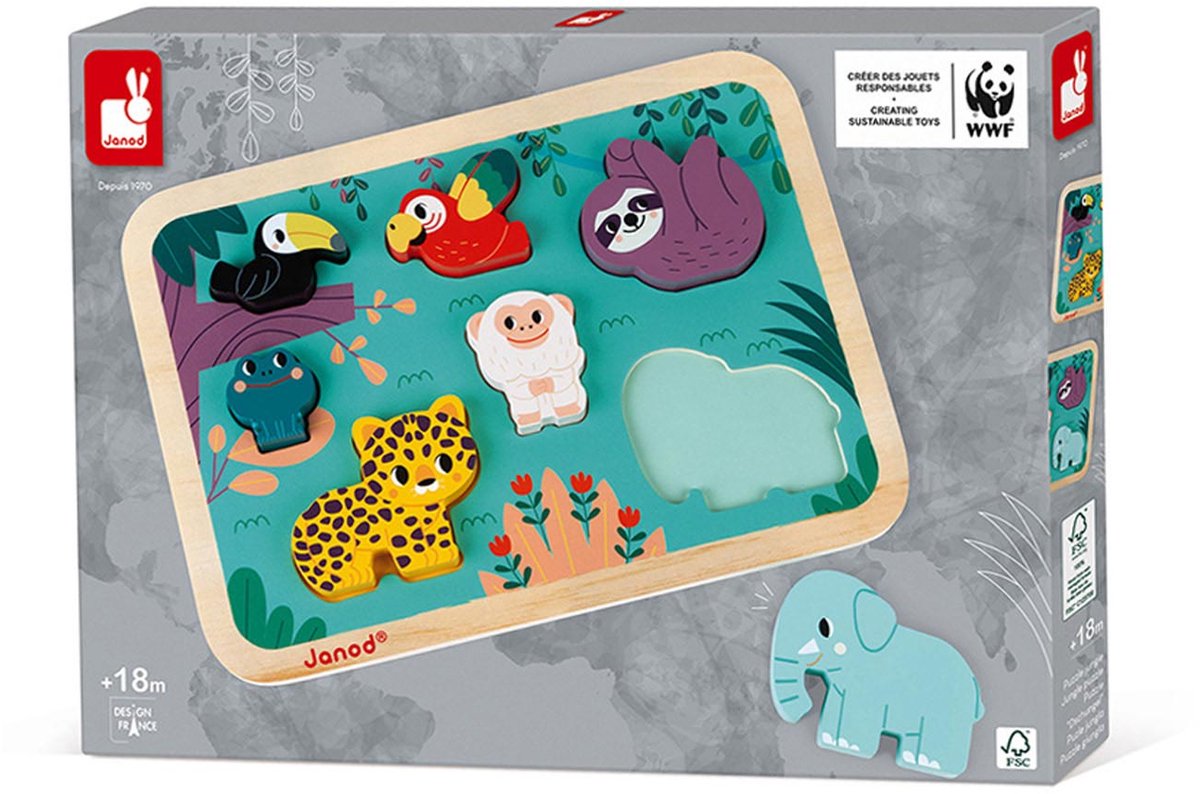 Janod wwf – klobiger Puzzle-Dschungel – in Zusammenarbeit mit wwf® – die 7 großen, tierförmigen Teile regen Ihr Kind dazu an, sich lustige Geschichten auszudenken – geeignet ab 18 Monaten