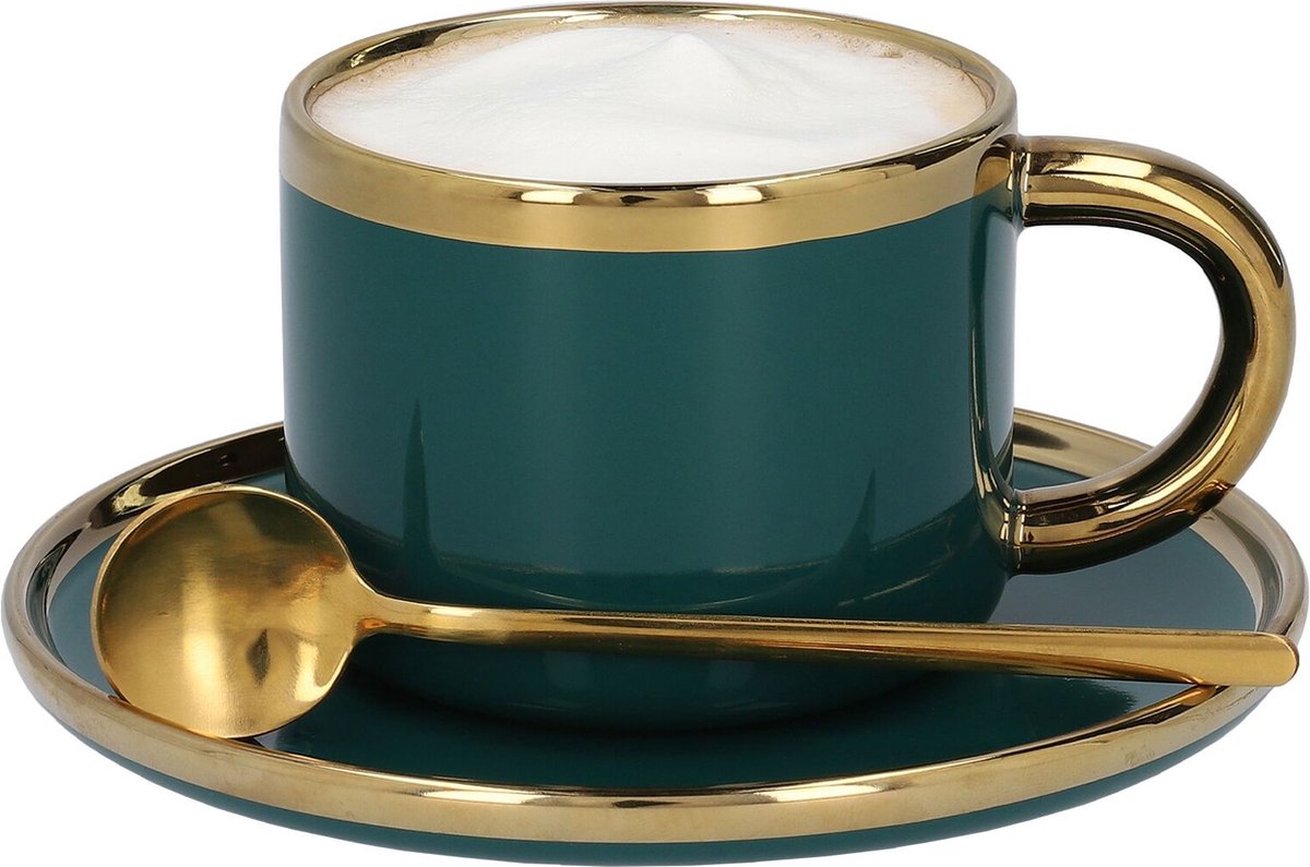 Homla sensorische Kaffeetasse aus Porzellan mit Untertassenlöffel – Teebecher-Kaffeetassen-Set – Vintage-Edelstahl, 200 ml, Smaragdgold