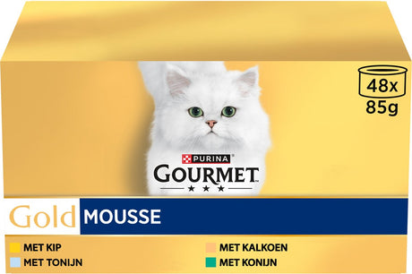 Gourmet Gold Mousse Katzenfutter – weiche Mousse mit Huhn, Thunfisch, Truthahn und Kaninchen – 48 x 85 g