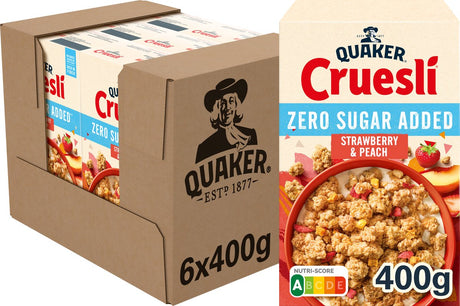 Quaker Cruesli ohne Zuckerzusatz, Erdbeer-Pfirsich – Frühstücksflocken – 6 x 400 Gramm