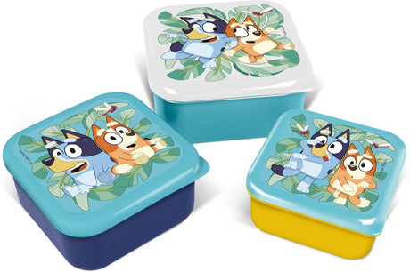 Stor bluey 3-in-1-Snackboxen – 3 Größen – quadratisch – gut schließend – Lunchboxen für Kinder – loser Deckel – geeignet für Kekse, Obst und Snacks – dunkelblau, türkis, gelb