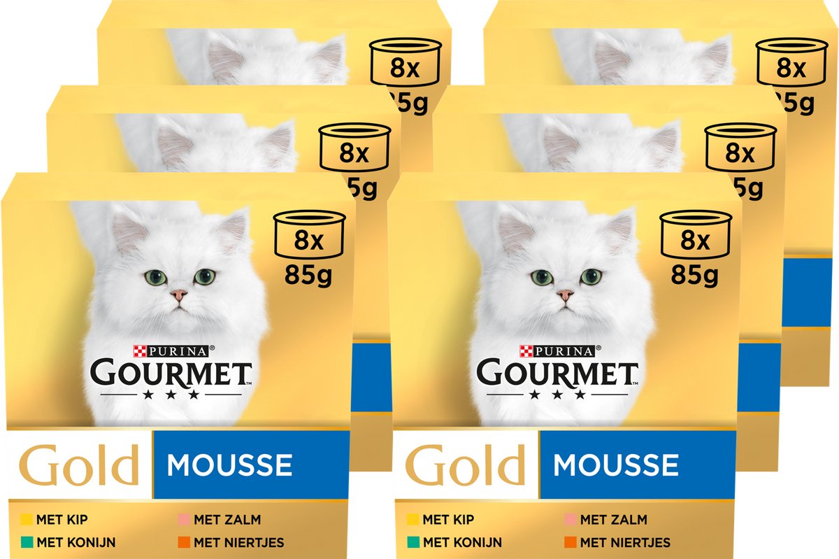 Gourmet Gold Mousse – Nassfutter für Katzen – Hühner-Lachs-Kaninchen-Nieren – 48 x 85 g
