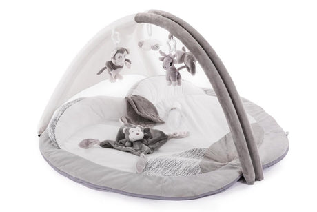 Bo Jungle – Baby-Spielmatte mit Spielbogen – faltbar mit Aufbewahrungstasche – Baby-Fitnessstudio – weicher Stoff – 4 Kuscheltiere – 90 x 60 cm – Spielstudio Apfelgrau – Spielteppich