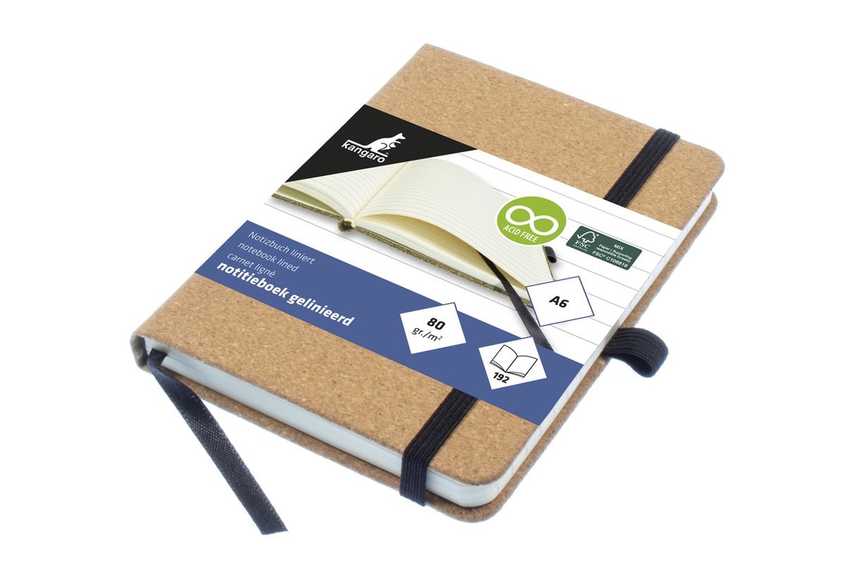 Kangaro notitieboek - a6 - kurk - met lijn - met elastiek, lint en penlus - k-552321
