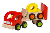 Goki Holzfahrzeug: Sattelauflieger mit Bulldozer 34x8,5x12,5cm, mit Gummireifen, 2+