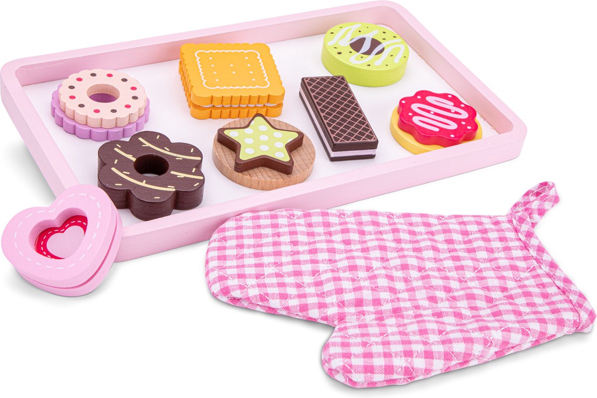 Woet ® houten 'koekjes bakken' speelset - speelgoedset met 8 koekjes, dienblad en ovenwant - bakspeelgoed voor kinderen - speelgoedeten - vanaf 2 jaar