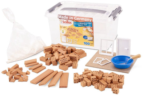 Teifoc® Baukasten – Basisset – über 100 Teile – echte Mini-Steine mit Zement, Schüssel und Kelle – Bausatz für Kinder ab 6 Jahren