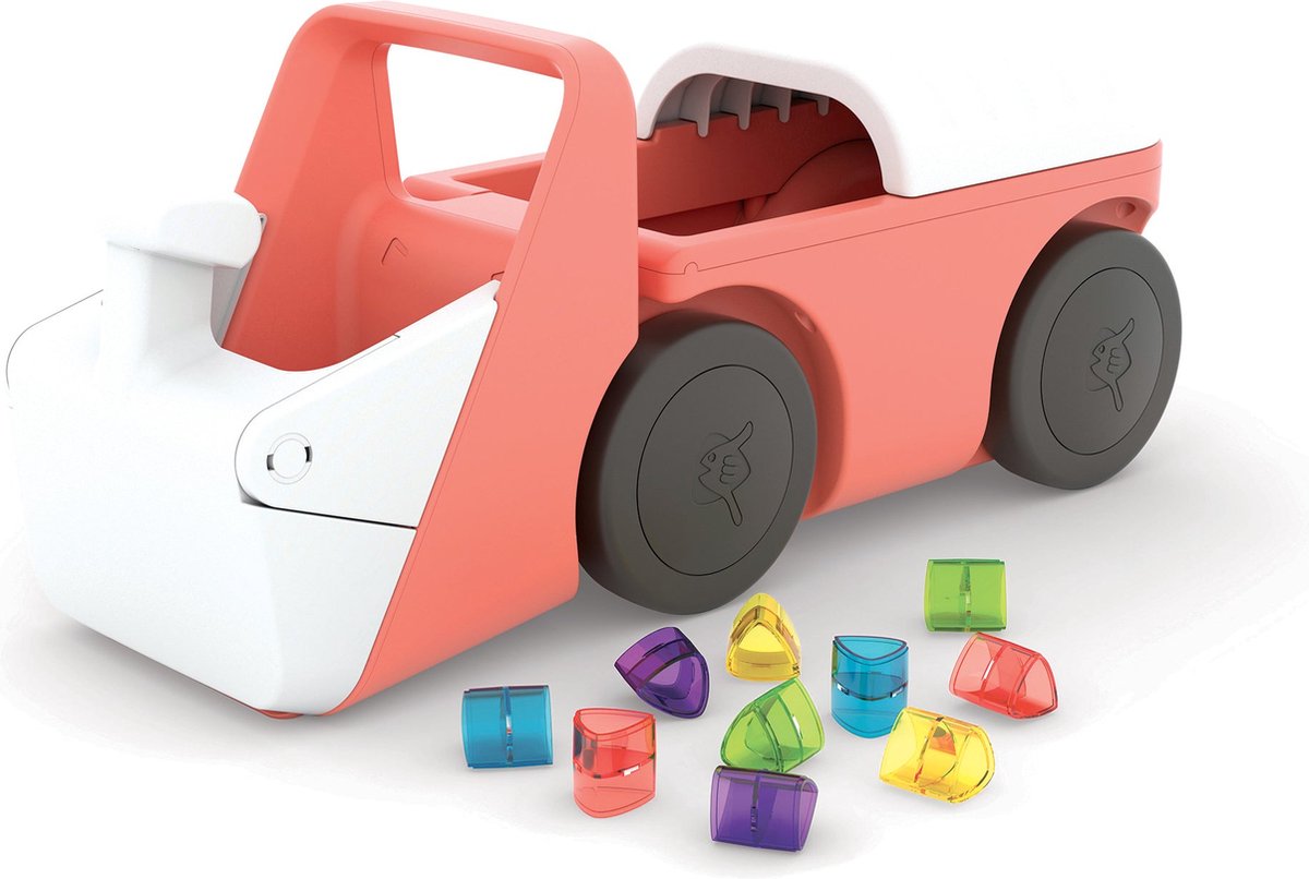 Chillafish Lauflernwagen 1 Jahr mit 10 Spielblöcken – rosa – Lauflernwagen für Jungen und Mädchen bis 3 Jahre – leichtes Spielzeug mit Baggersimulation und Stauraum – sehr stabil mit 4 Rädern – Modellblockie