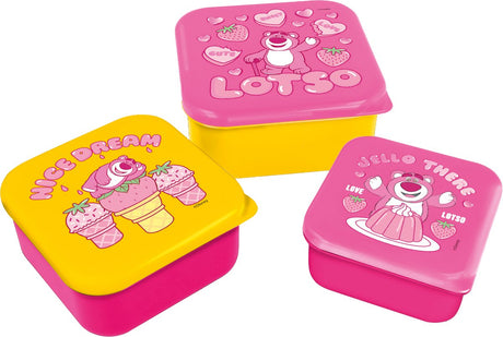 Stor Disney's Toy y Lotso 3-in-1-Snackboxen – 3 Größen – quadratisch – gut schließend – Lunchboxen für Kinder – loser Deckel – geeignet für Kekse, Obst und Snacks – rosa-gelb