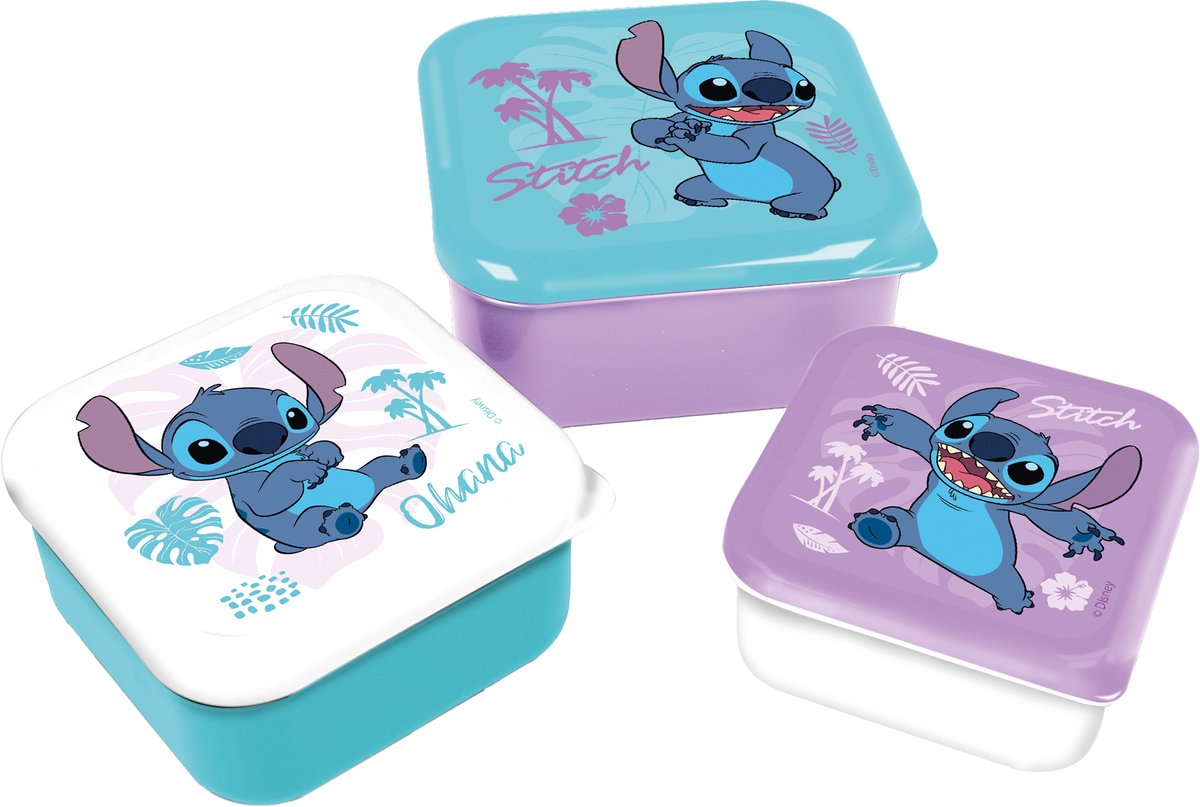 Stor disney's stitch 3-in-1 snackdoosjes - 3 formaten - vierkant - sluit goed af - lunchboxen voor kinderen - los deksel - geschikt voor koekjes, fruit en snacks - paars wit groen