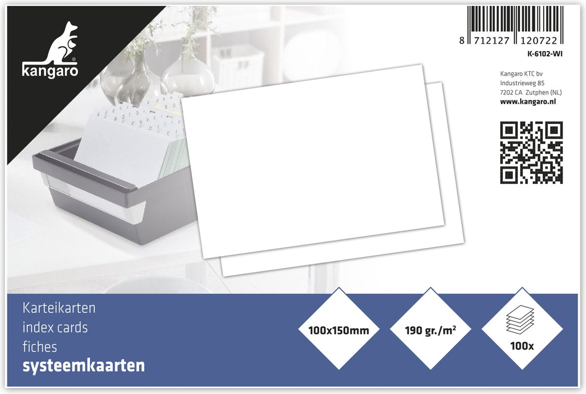 Kangaro systeemkaarten - 10x15cm - 190 grams blanco papier - 100 stuks - indexkaart - k-6102-wi