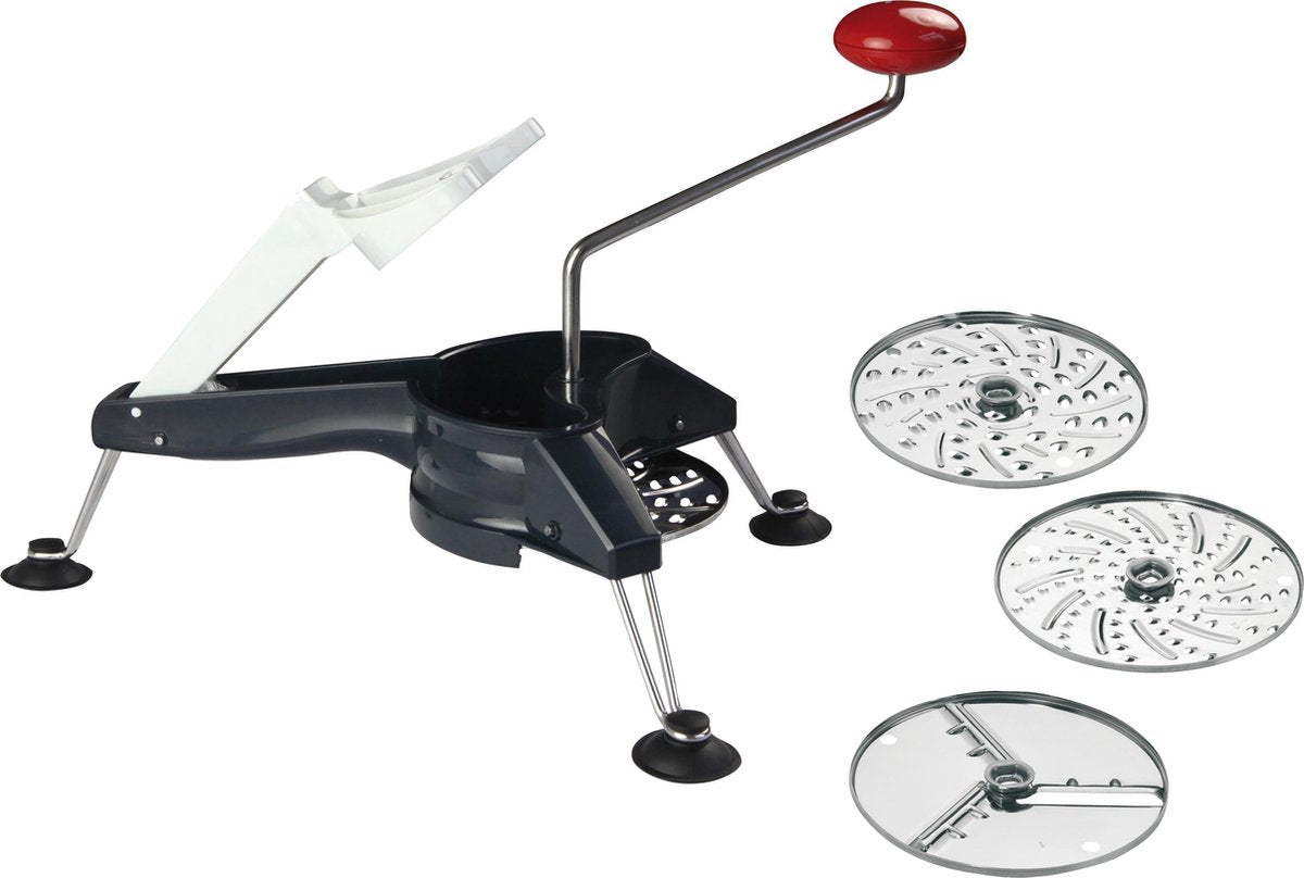 Westmark rotierende Gemüsereibe mit 3 Scheiben, Edelstahlklingen, Schnitzelmouli, Anthrazit-Silberrot, 11712260