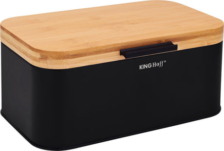 Kinghoff - Brotkasten - Kompakter Brotkasten mit Bambusdeckel - Brotkasten aus Stahl - Brotaufbewahrungsbox Küche - Moderner Brotkasten - 30 x 20 cm - Schwarz