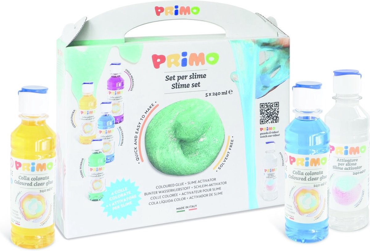 Primo - set slijm met 4 gekleurde lijm, 1 activator, geschen