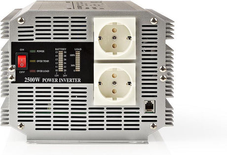 Nedis Wechselrichter modifizierte Sinuswelle – Eingangsspannung: 24 V DC – Gerätestromausgang: Typ F (CEE 7 3) – 230 V AC 50 Hz – 2500 W – Spitzenleistung: 5000 W – Schraubklemme – Silber