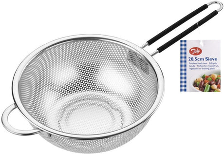 Tala – rvs zeef met soft grip handvat – ø20 cm – zilver zwart – roestvrij staal – comfortabele greep – vaatwasserbestendig – voor bloem, suiker, pasta groenten