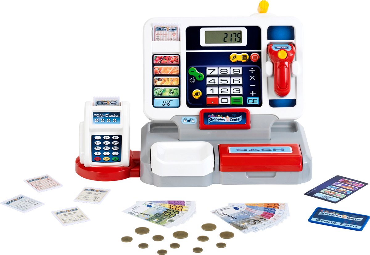 Elektronische Registrierkasse von Klein Toys – abnehmbares Tablet, Taschenrechnerfunktion, Scanner, Kartenleser und eine Registrierkasse voller Spielgeld – 33,42 x 16,83 x 22,33 cm – inkl. Soundbar - grau rot