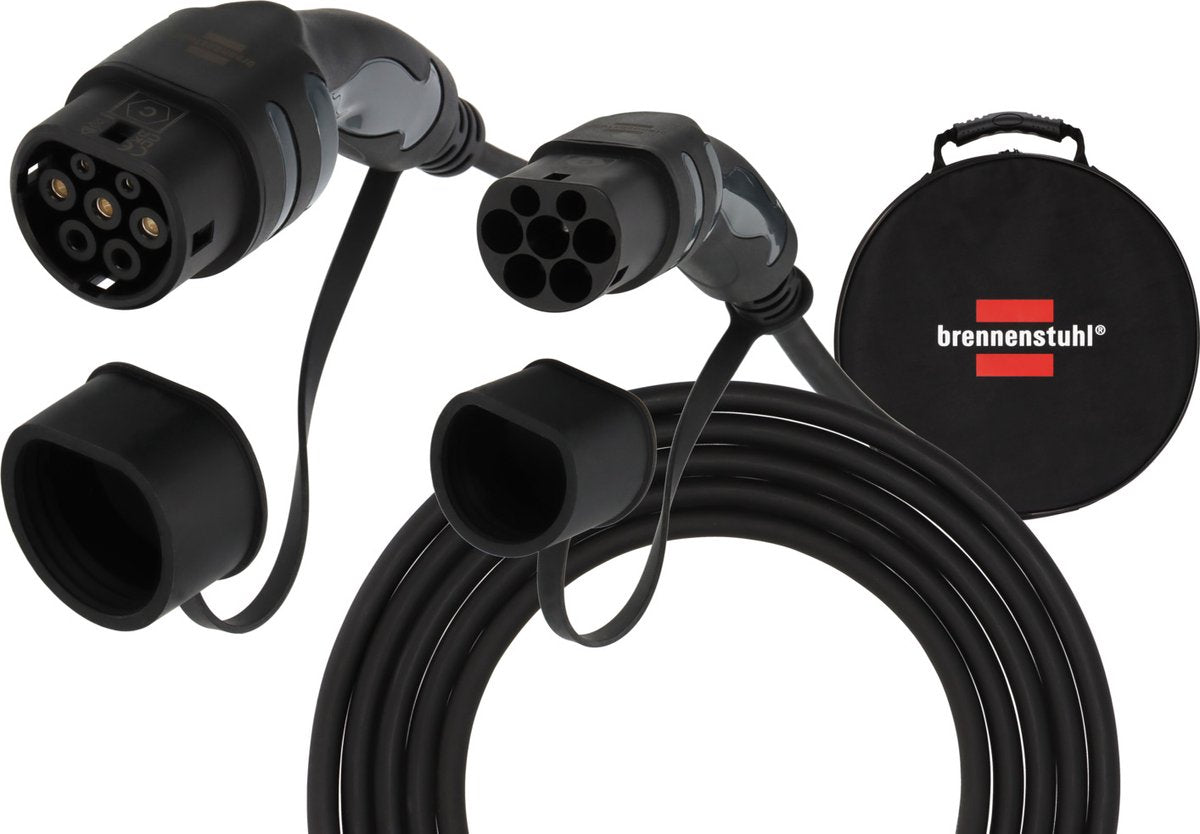 Brennerstuhl EV Typ 2 Ladekabel 11 kW (E-Mobilität Typ 2 Ladekabel 5 m, IP55, 3-phasig, Mode 3 Kabel mit Tasche für Elektro-Hybridfahrzeuge)
