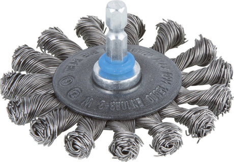 Wolfcraft – Stahldraht-Scheibenbürste für Bohrer, geflochten – Sechskant-Drahtbürste 75 mm – 2119000