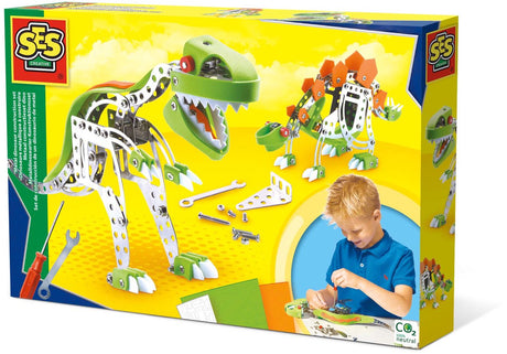 Ses Creative Ses – Metallbaukasten Dino – mit Schaumstoffteilen in 3 Farben – inklusive Schrauben, Muttern, Schraubenschlüssel und Schraubendreher – Basteln für Jungen – Dinosaurier-Spielzeug