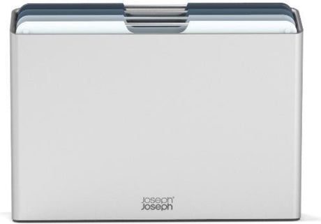 Joseph Joseph Folio™ Schneidebrettset 4-teilig – groß – hellblau – farbcodiert – mit Aufbewahrungsständer – Griffe aus Edelstahl