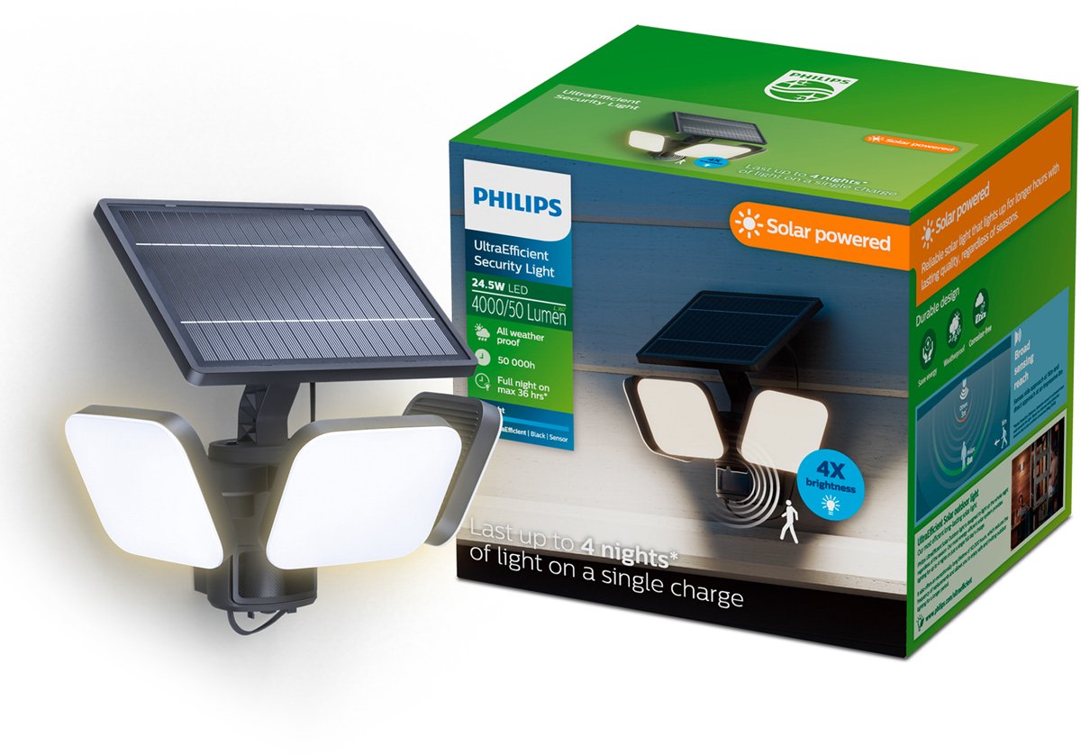 Philips led philips ultraefficient zyren wandlamp - solar beveiligingslamp - floodlight - bewegingssensor - helder wit licht: 5000k - 24,5w - zwart - twee lichtstanden - schemersensor - zonne-energie - waterbestendig
