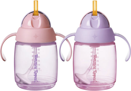 Tommee Tippee Strohhalmbecher – 2 Stück – 240 ml – mit Griffen und beschwertem Silikonstrohhalm – für Kleinkinder ab 6 Monaten – rosa und lila
