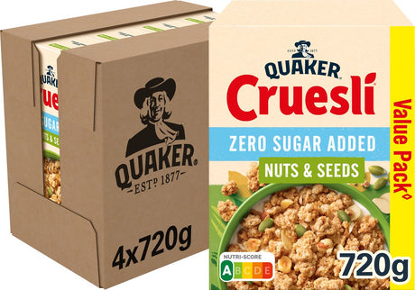 Quaker Cruesli ohne Zuckerzusatz, Nüsse, Samen – Frühstücksflocken – 4 x 720 Gramm