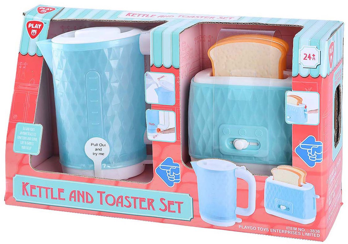 Playgo Spielzeug-Wasserkocher und Toaster mit Brot – 4 Stück.