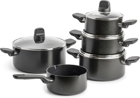 Greenpan Memphis Kochpfannenset 9-teilig – 16 18 20 24 cm – 1,6 1,6 2,1 3,1 4,9 l – PFAS-freie Antihaftbeschichtung – Induktionskochpfanne – Keramikpfanne – ofenfest bis 160 °C – Kaltgriffe – mit Glasdeckel – Schwarz