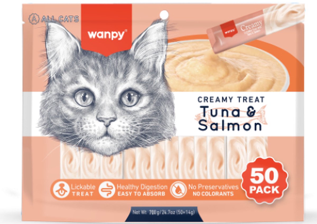 Wanpy cremige Leckerlis – Thunfisch-Lachs – Vorteilspackung 50 Stück – Katzensnack