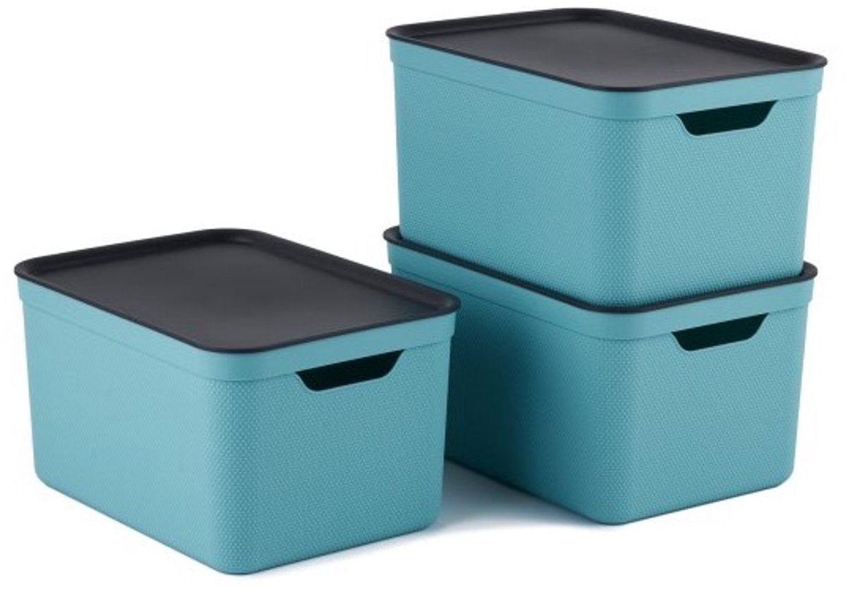 Rotho Jive Aufbewahrungsboxen 3er Set Aufbewahrungsboxen 16 l mit Deckel, Kunststoff (PP recycelt), Türkis Anthrazit, 3x16 (35 x 25 x 20 cm)