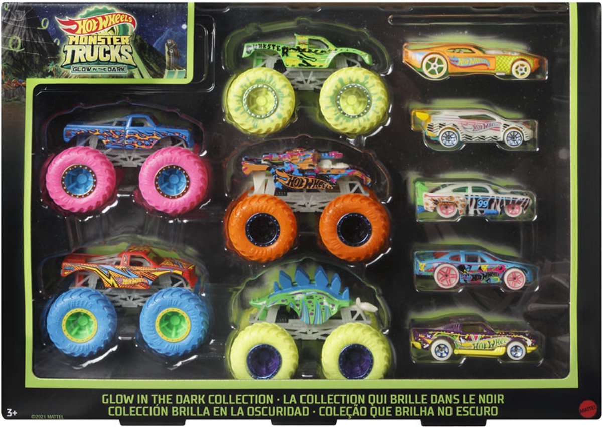 Hot Wheels Monster Trucks-Set mit 10 Spielzeugfahrzeugen, die im Dunkeln leuchten