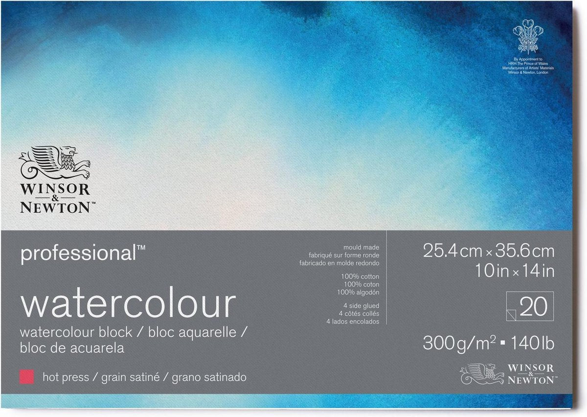 Winsor newton 6664007 professioneel aquarelpapier blok – 25,4 x 35,56 cm , 20 vellen, 300 g m², 4-zijdig gelijmd, grain satiné – voor aquarelverf en aquareltechnieken
