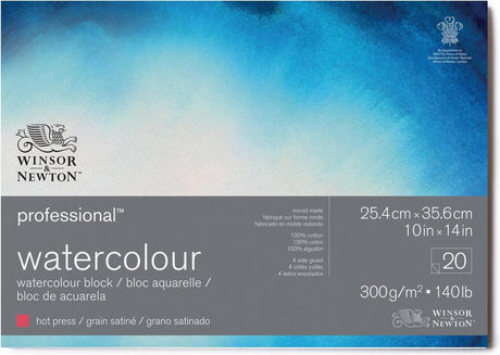 Winsor newton 6664007 professioneel aquarelpapier blok – 25,4 x 35,56 cm , 20 vellen, 300 g m², 4-zijdig gelijmd, grain satiné – voor aquarelverf en aquareltechnieken