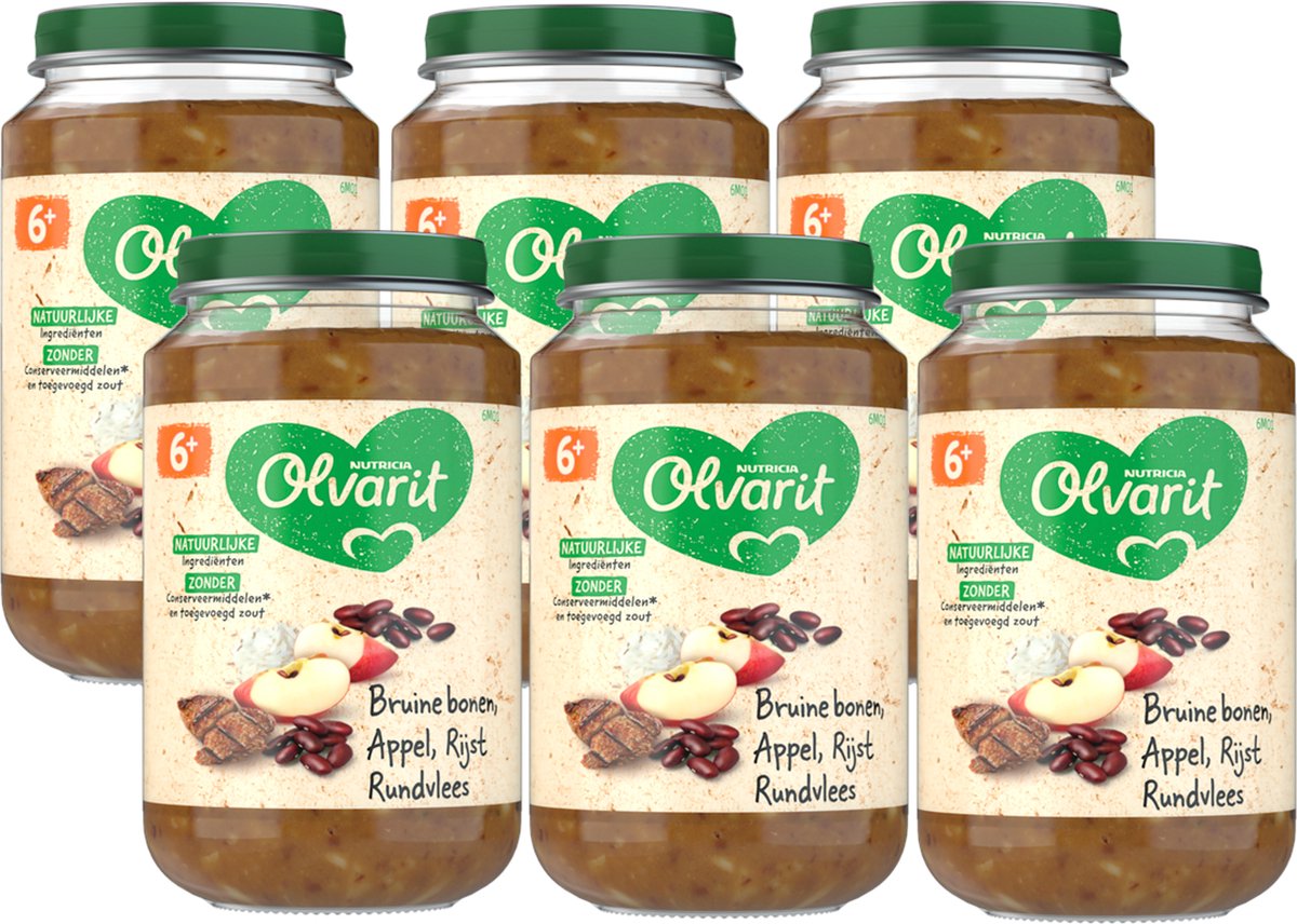 Olvarit Babymahlzeit ab 6 Monaten – braune Bohnen, Apfel, Reis, Rindfleisch – 6 x 200 g