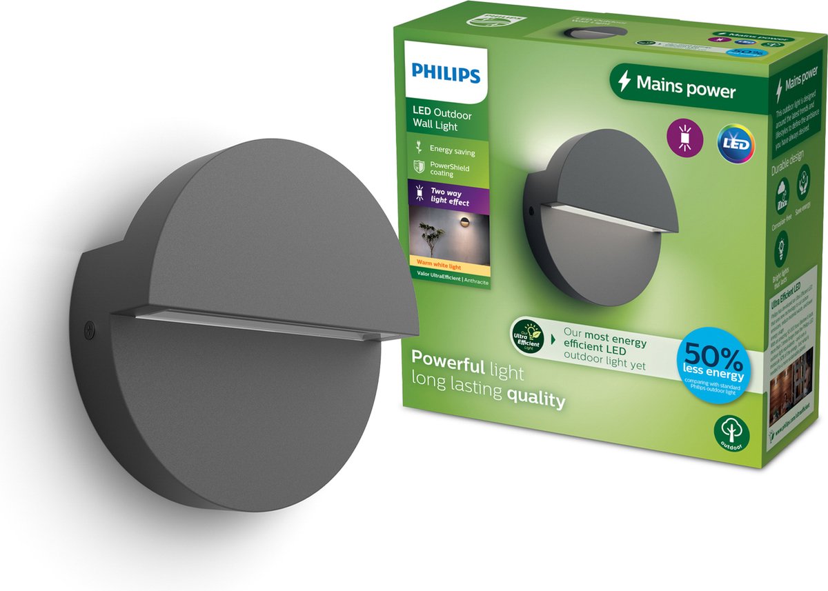 Philips led philips valor wandlamp - ultraefficient led - buitenlamp - schijnt in twee richtingen - 2x 4.3w - warmwit licht; 2700k - antraciet