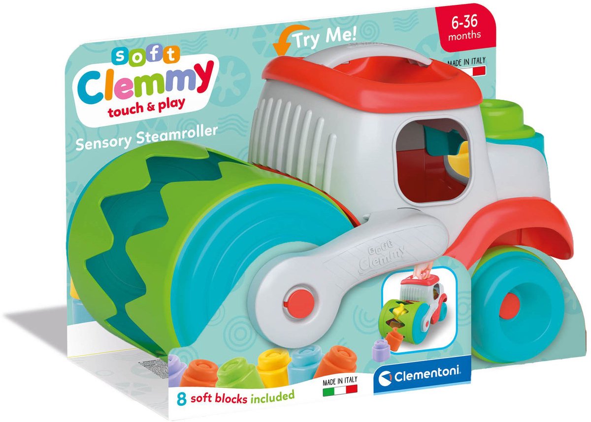 Clementoni Baby Soft Clemmy Dampfwalzenfahrzeug mit Blöcken, 9-teilig.