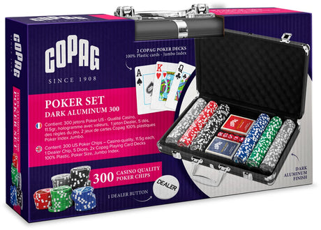 Copag® Pokerset 300 Chips inklusive 2x 100 % haltbaren PVC-Spielkarten, 5 Würfeln und Pokerknöpfen