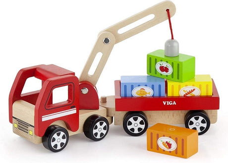 Viga Toys Kranwagen aus Holz mit Zubehör 29 cm rot