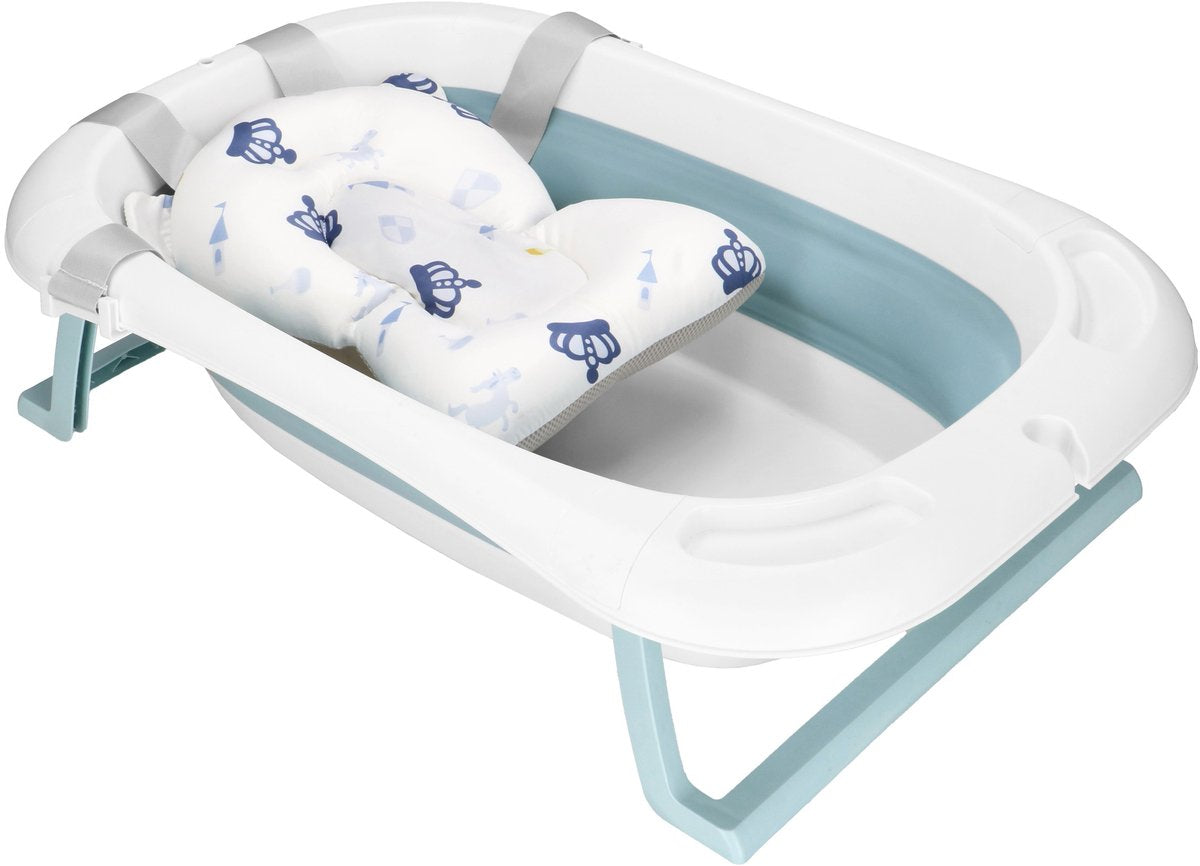 Springos faltbare Babybadewanne – faltbar – tragbar – mit Stopper – Thermometer – Kissen – bis 12 Monate – 35 l – blau – weiß – 82 x 52 x 22 cm