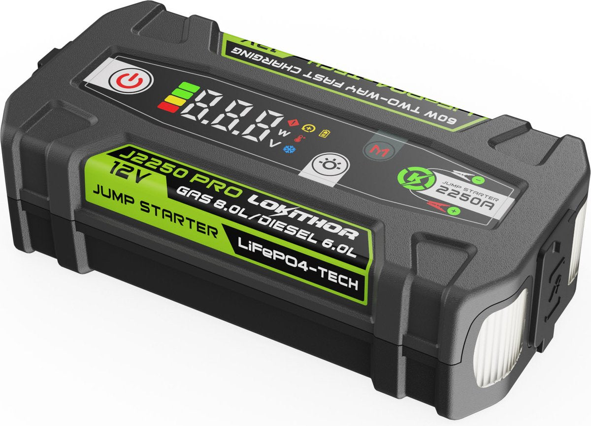 Lokithor Starthilfe J2250 Pro – 12 V, 2250 A, Lifepo4, Powerbank 60 W, automatischer Akku-Start, insgesamt 8,0 l Benzin, 6,0 l Diesel, LED-Zaklampe