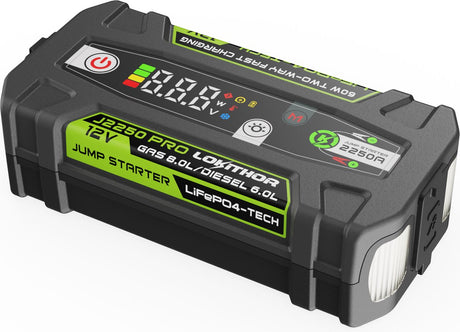 Lokithor Starthilfe J2250 Pro – 12 V, 2250 A, Lifepo4, Powerbank 60 W, automatischer Akku-Start, insgesamt 8,0 l Benzin, 6,0 l Diesel, LED-Zaklampe