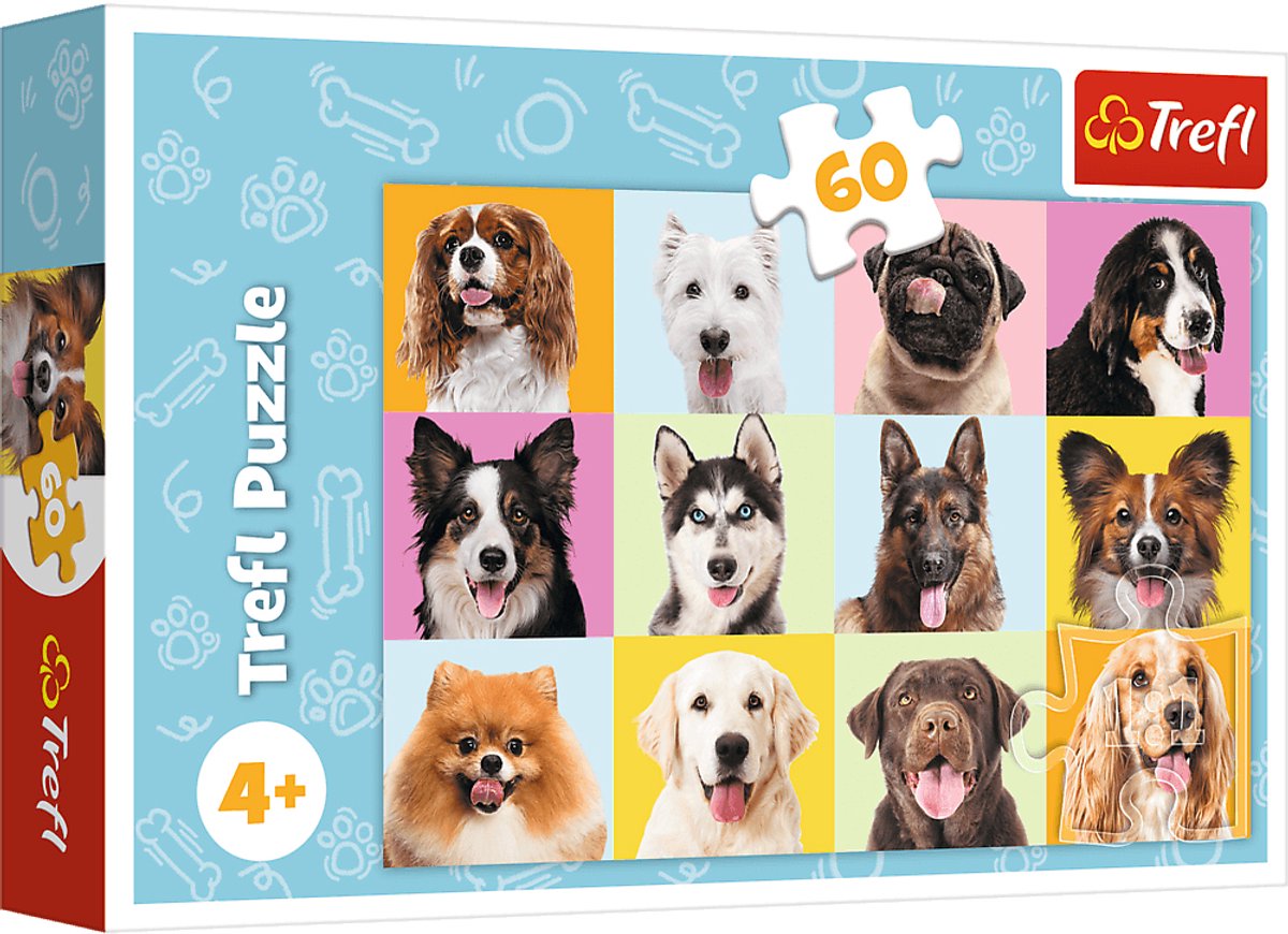 Trefl Puzzle 60 Teile – süße Hunde – bunter Karton.