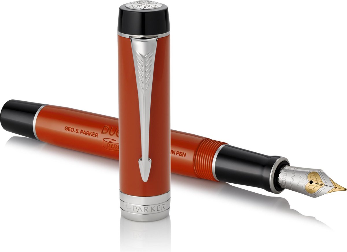 Parker Duofold Centennial Füllfederhalter | klassischer großer roter Vintage | mittlere Feder aus reinem Gold | schwarze Tinte und Konverter | Premium-Geschenkbox
