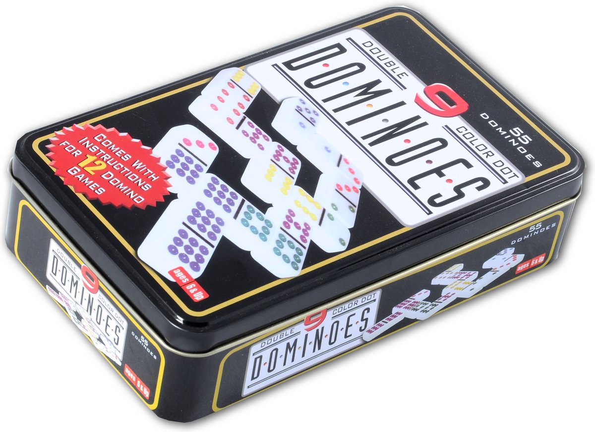 Engelhart Domino Doppel 9 – 55 Steine mit farbigen Augen – kompakte Dose – klassisches Spiel für Zuhause – strategisches Familienspiel –