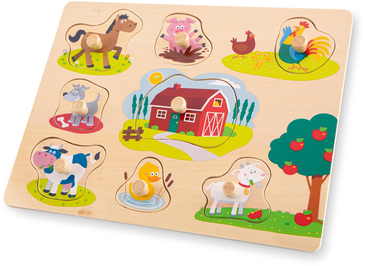 Woet ® houten knoppuzzel boerderij - 8 puzzelstukjes - fsc - houten puzzel met knopjes - educatief peuterspeelgoed - vanaf 2 jaar