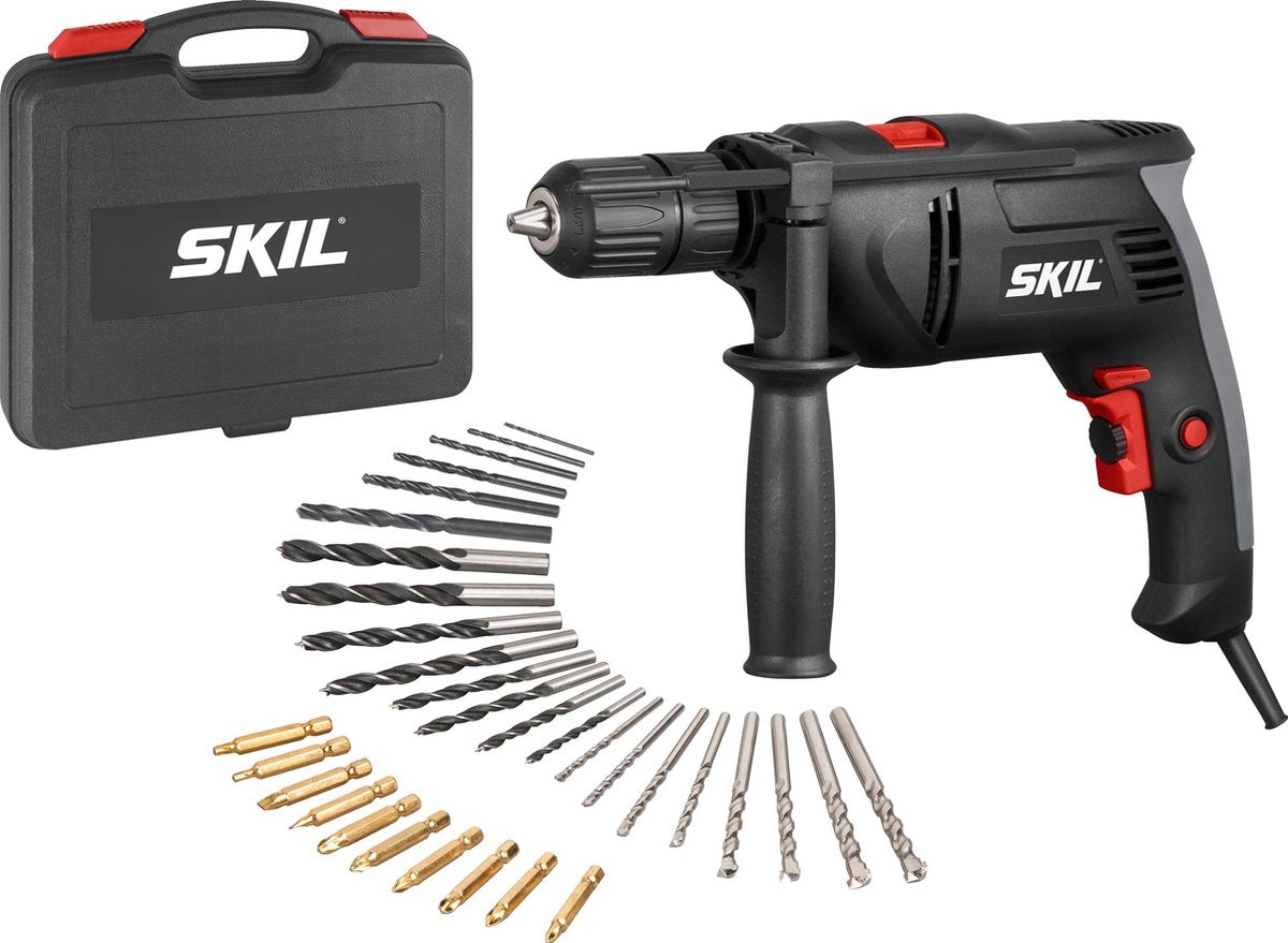 Skil Schlagbohrmaschine 850 W – Bohrmaschine für Holz, Stahl, Mauerwerk – Bohrkapazität bis zu 40 mm – Schlagbohrmaschinen – mit Tiefenanschlag-Seitengriff – inklusive Koffer-Schraubenbit-Set – 1021 ad