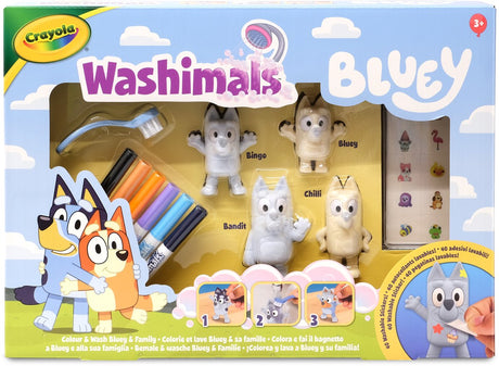Crayola Washimals – Bluey – Bastelset mit Aufklebern und 4 Welpen, 6 abwaschbaren Markern, Aufklebern und Pinsel – Spielzeug und Geschenk für Kinder ab 3 Jahren