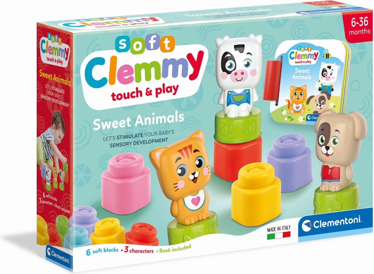 Clementoni - kubussen en dieren zachte clemmy - 6 kubussen + 3 karakters + boek